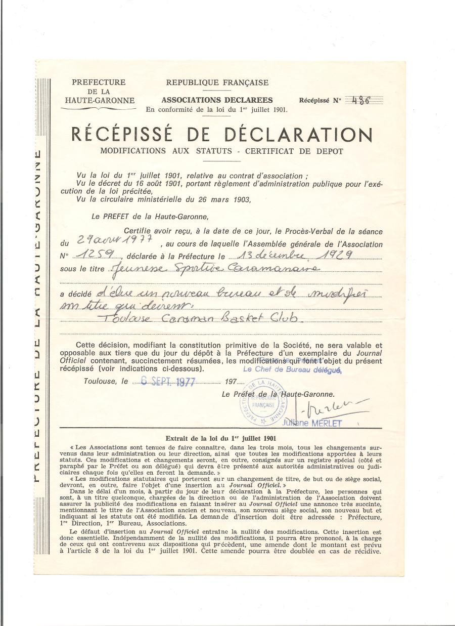 Caraman - 1977 - Récipissé de déclaration union